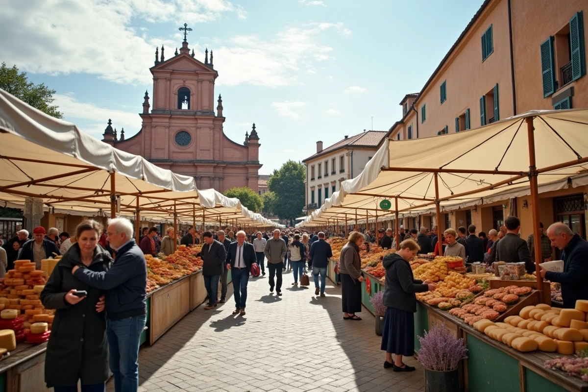 Marché animé de la place des Carmes à Toulouse avec vendeurs locaux et touristes autour des étals de produits frais