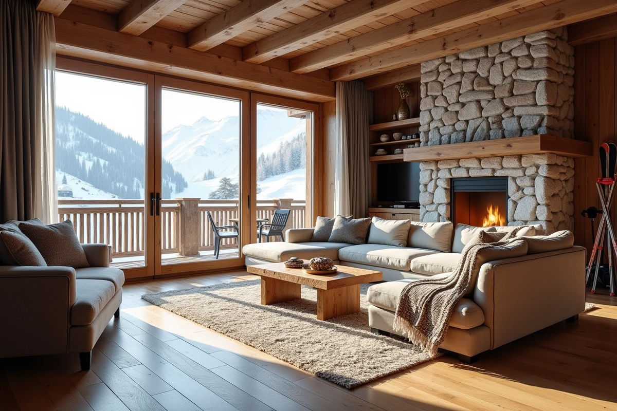 Intérieur d'un appartement de montagne aux Menuires avec vue sur les pistes, exemple de bien immobilier rentable
