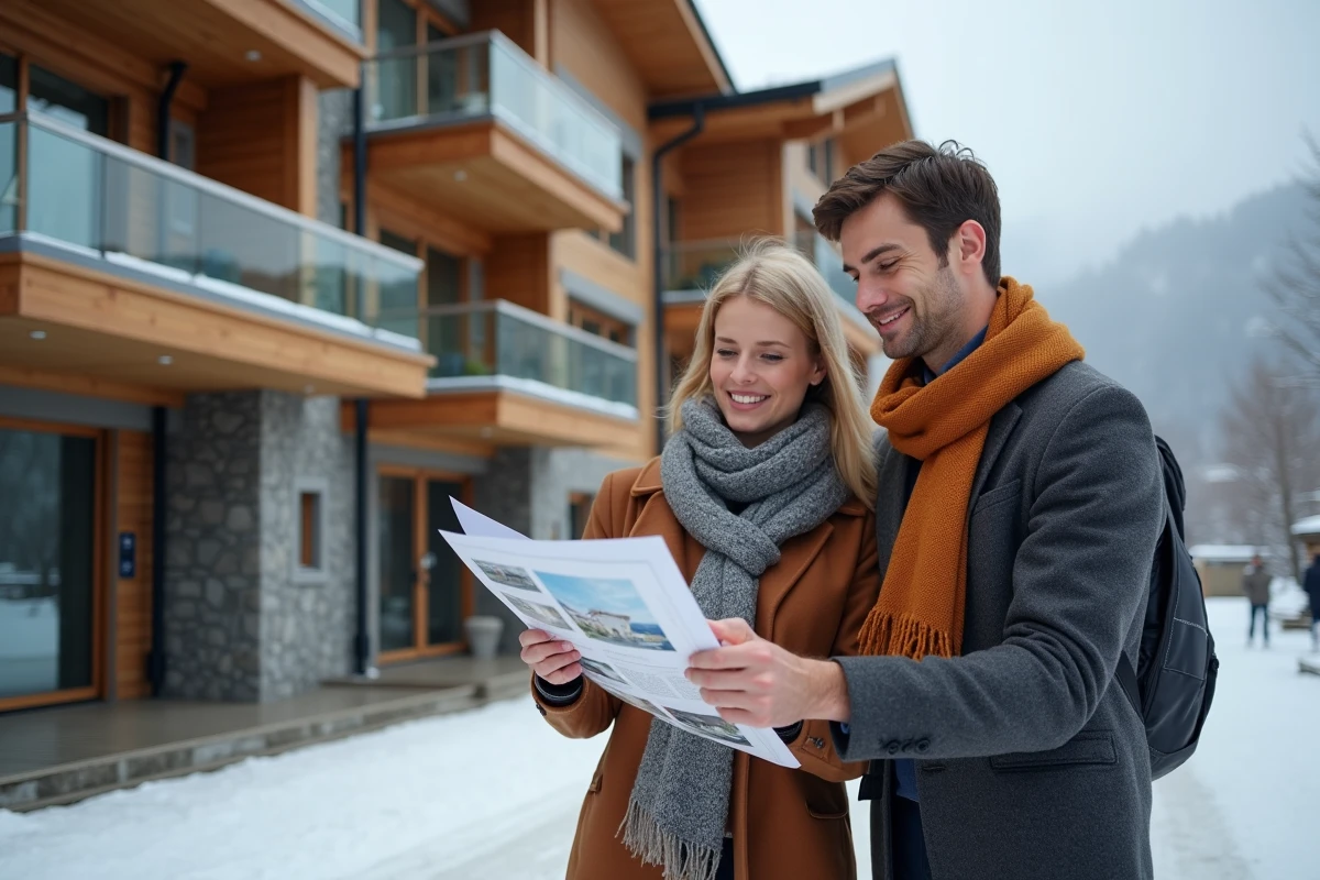Couple en train de consulter des documents immobiliers devant une résidence moderne à la station des Menuires