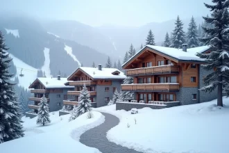 Vue panoramique des immeubles et chalets de la station des Menuires en hiver, idéale pour l'immobilier de montagne
