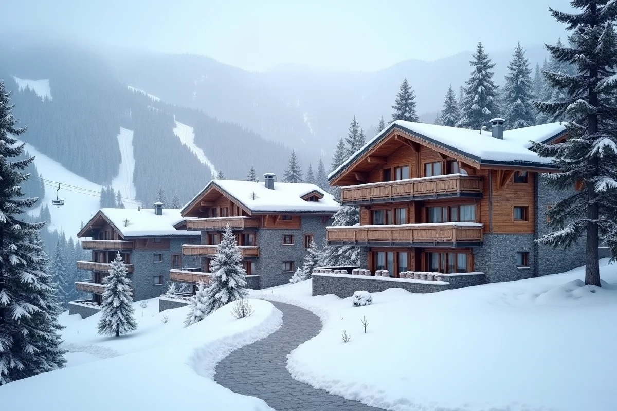 Vue panoramique des immeubles et chalets de la station des Menuires en hiver, idéale pour l'immobilier de montagne