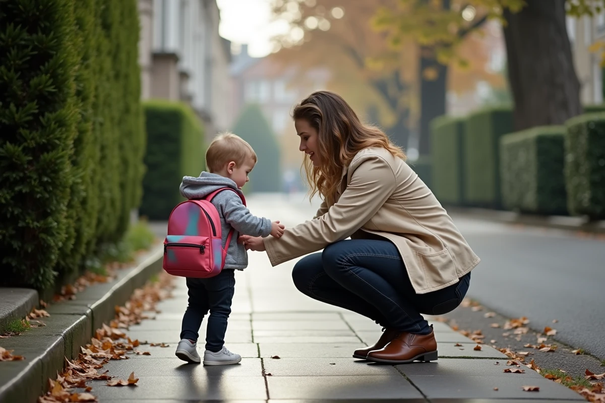 Mère aidant son enfant à mettre son sac à dos devant une école du quartier Île Verte à Grenoble