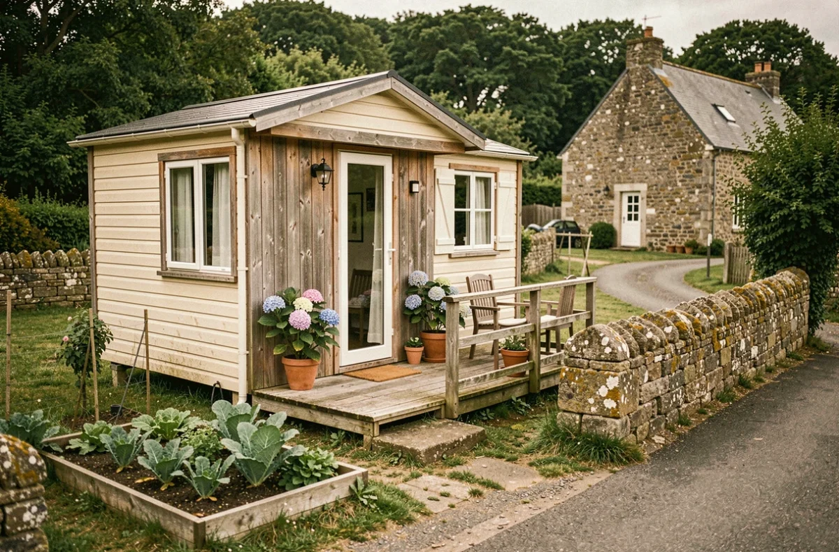 Mobil home avec terrasse en bois et jardin potager sur une parcelle clôturée dans un village rural breton