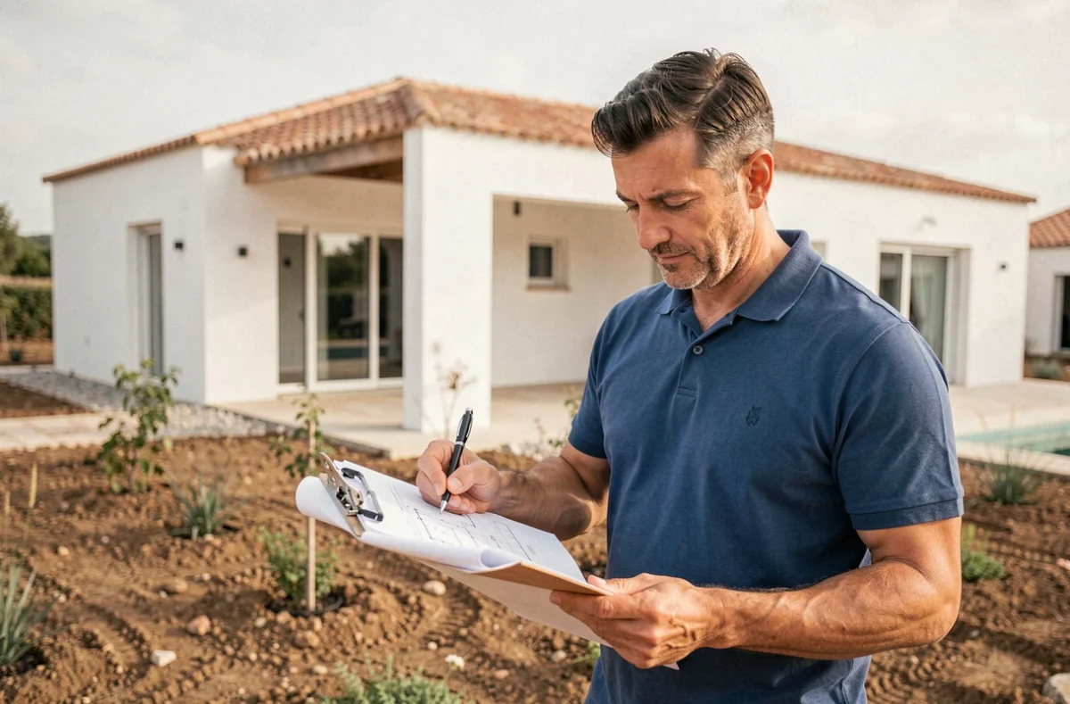 Architecte d'OC Résidences examinant des plans devant une maison méditerranéenne en construction dans l'Aude
