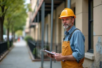 Ouvrier en tenue de chantier inspectant une façade de maison