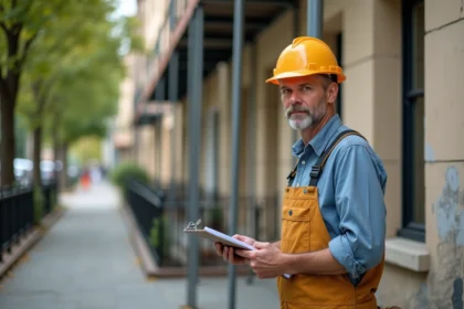 Ouvrier en tenue de chantier inspectant une façade de maison