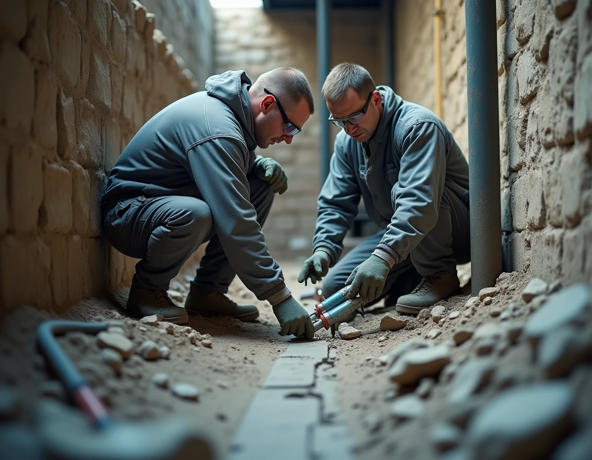 Ouvriers réalisant une injection de résine structurelle dans une fondation ancienne lors d'une reprise en sous-œuvre en sous-sol