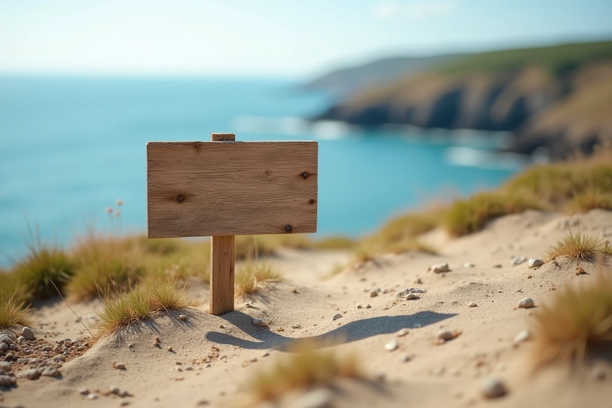 Panneau de terrain à vendre planté dans le sable en bord de mer avec vue sur l'océan