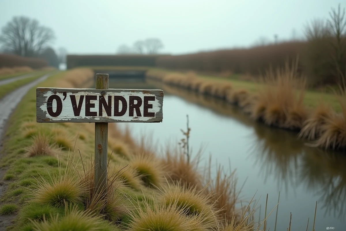 Panneau à vendre planté au bord d'un étang rural en campagne française, opportunité d'achat immobilier rural
