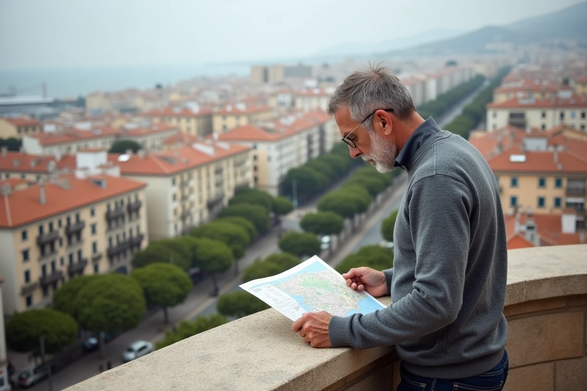 Homme observant le panorama de Marseille depuis une terrasse avec vue sur quartiers populaires et résidentiels