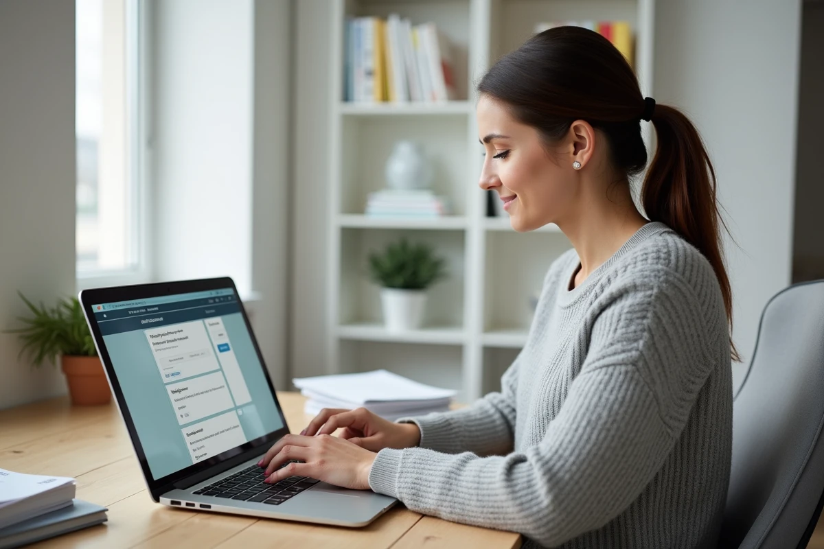 Femme paramétrant son espace client MyFoncia sur un ordinateur portable dans un bureau à domicile