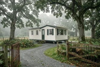 Parcelle de terrain boisée avec mobil home blanc et vert en Bretagne, entourée de chênes et de fougères sauvages