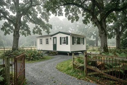 Parcelle de terrain boisée avec mobil home blanc et vert en Bretagne, entourée de chênes et de fougères sauvages