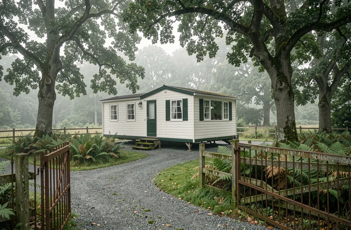Parcelle de terrain boisée avec mobil home blanc et vert en Bretagne, entourée de chênes et de fougères sauvages
