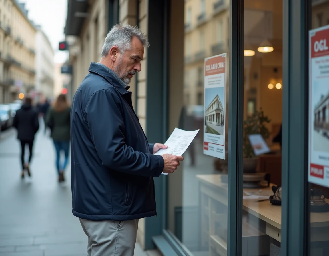 Particulier débutant consultant une annonce immobilière devant une agence dans une rue française