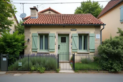 Petite maison de plain-pied avec jardin fleuri et panneau à louer devant l'entrée