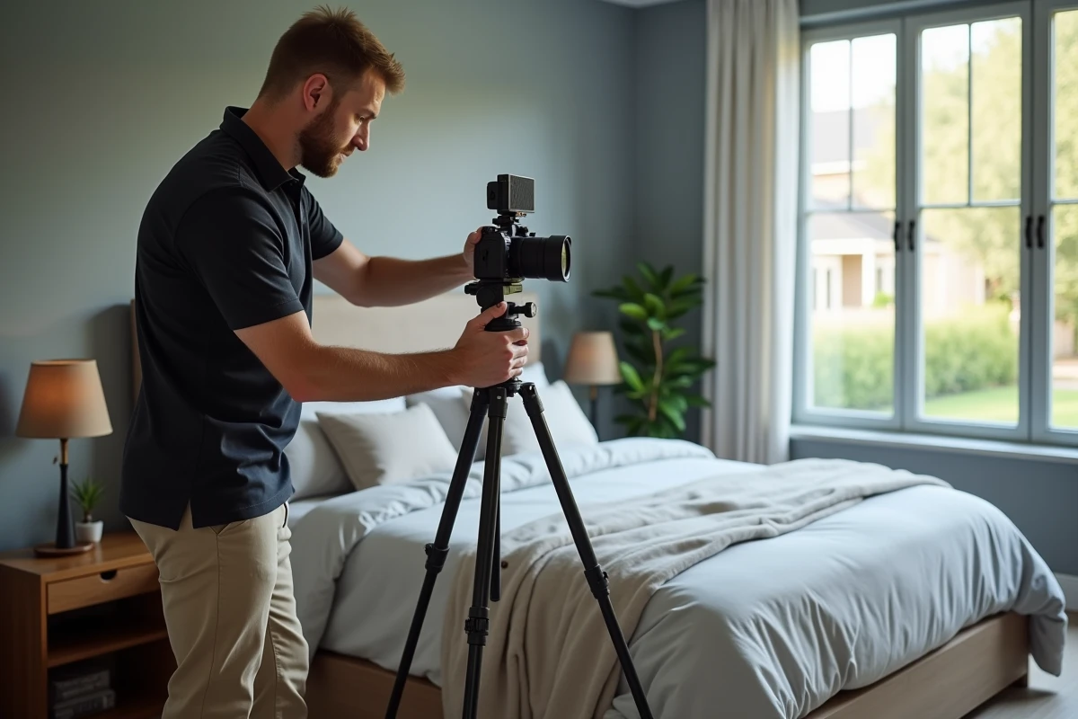 Photographe immobilier installant une caméra 360 dans une chambre pour réaliser une visite virtuelle d'une maison à vendre