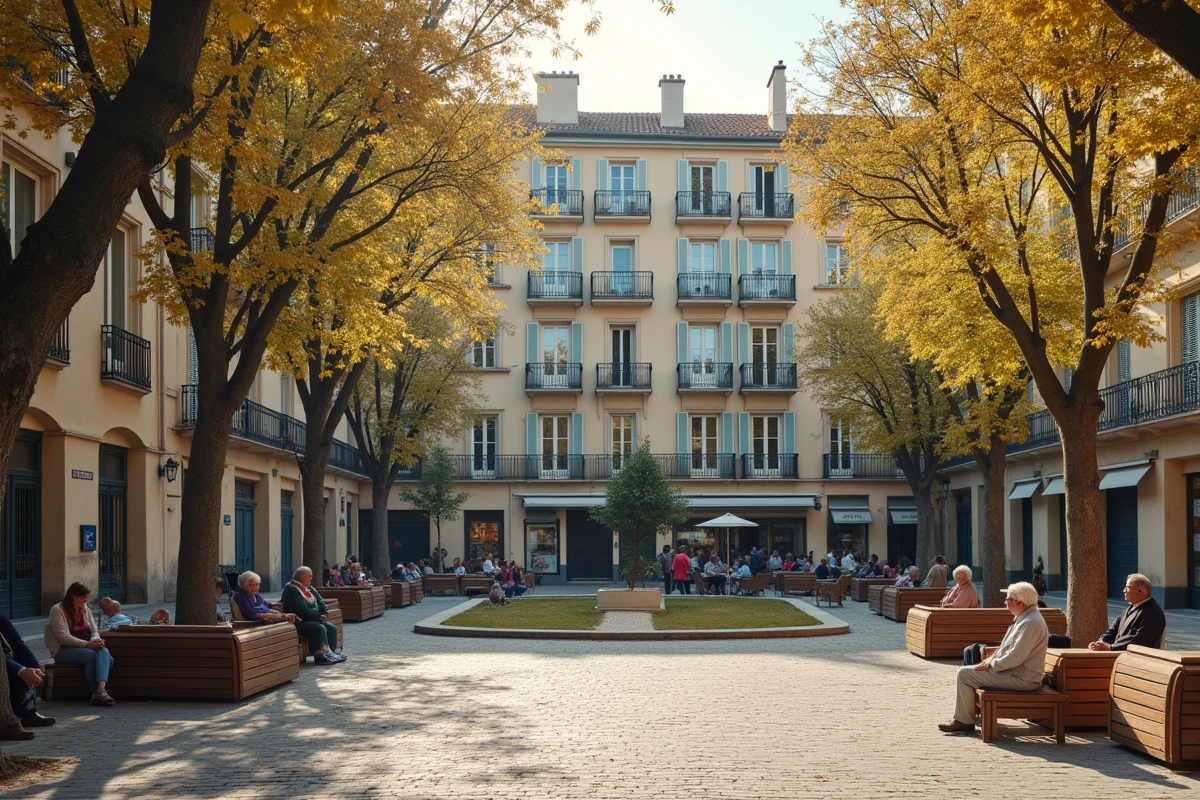 Place de quartier animée à l'Île Verte Grenoble avec familles et résidents autour d'un espace vert