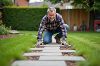 Homme en jeans pose des pavés dans le jardin