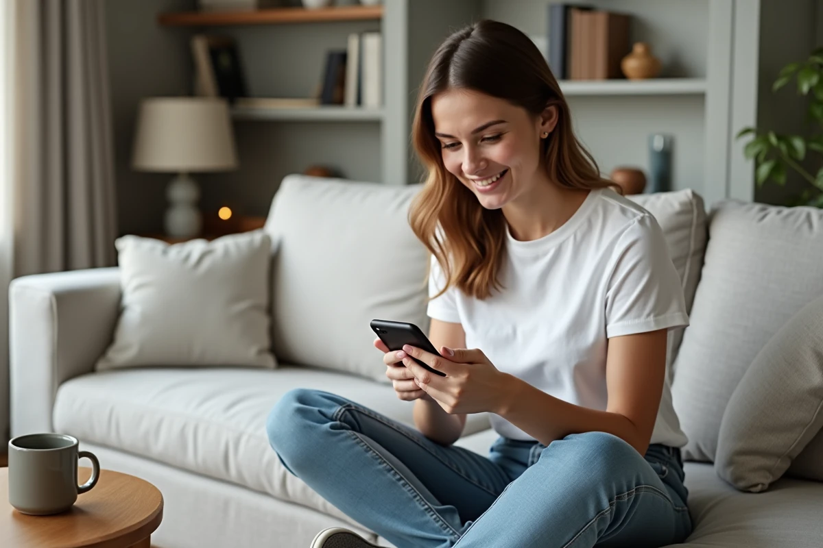 Jeune femme configurant son espace client MyFoncia pour la première fois sur smartphone dans un salon