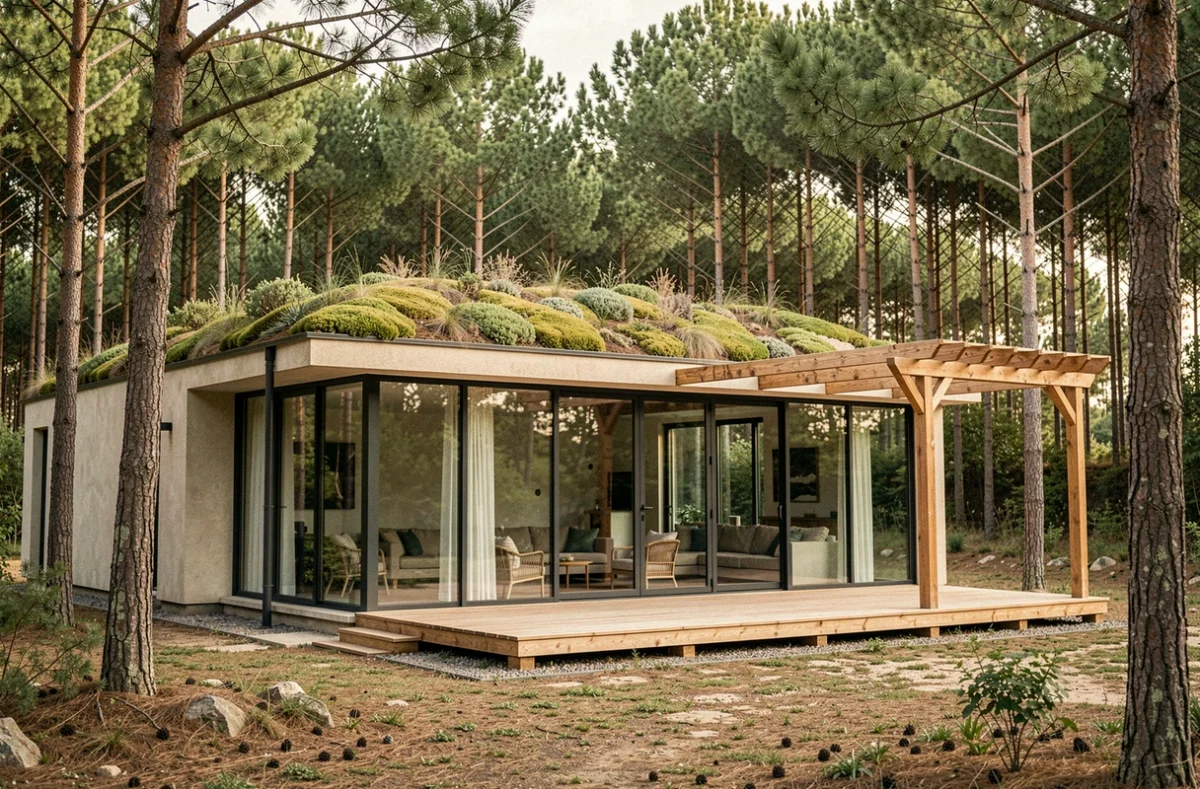 Maison écologique avec toit végétalisé construite par Primea en Gironde intégrée dans un cadre de pins maritimes