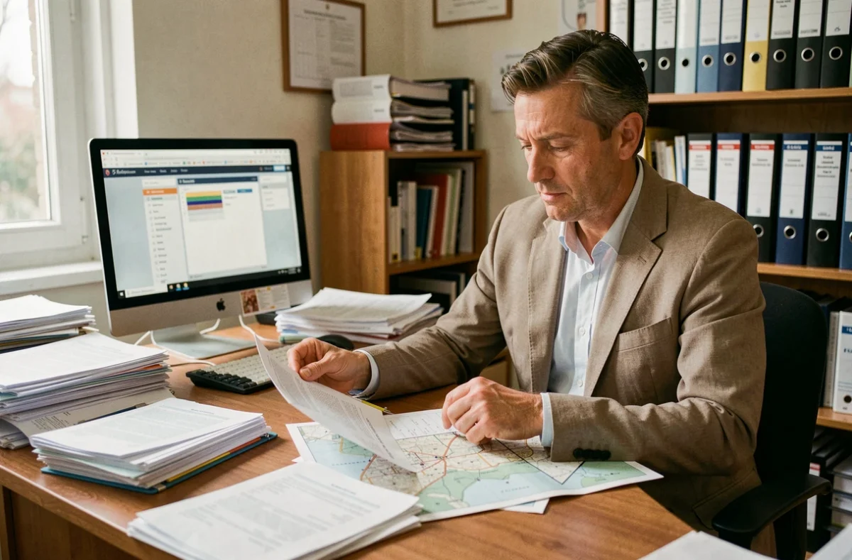 Professionnel de l'immobilier analysant des documents cadastraux liés aux zones tendues et taxes sur logements vacants
