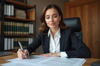 Professionnelle immobilière révisant un pré état daté vierge dans un bureau notarial moderne