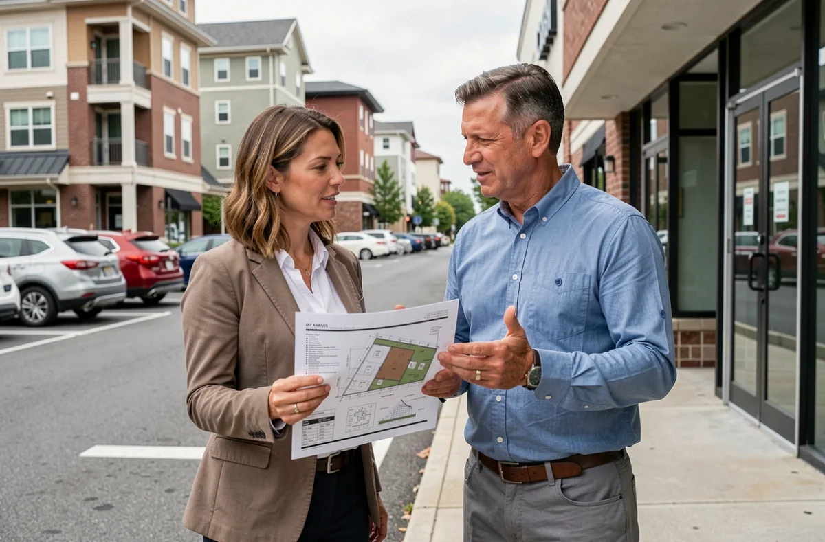 Deux professionnels de l'immobilier évaluant un local commercial vacant avec des documents d'analyse d'emplacement