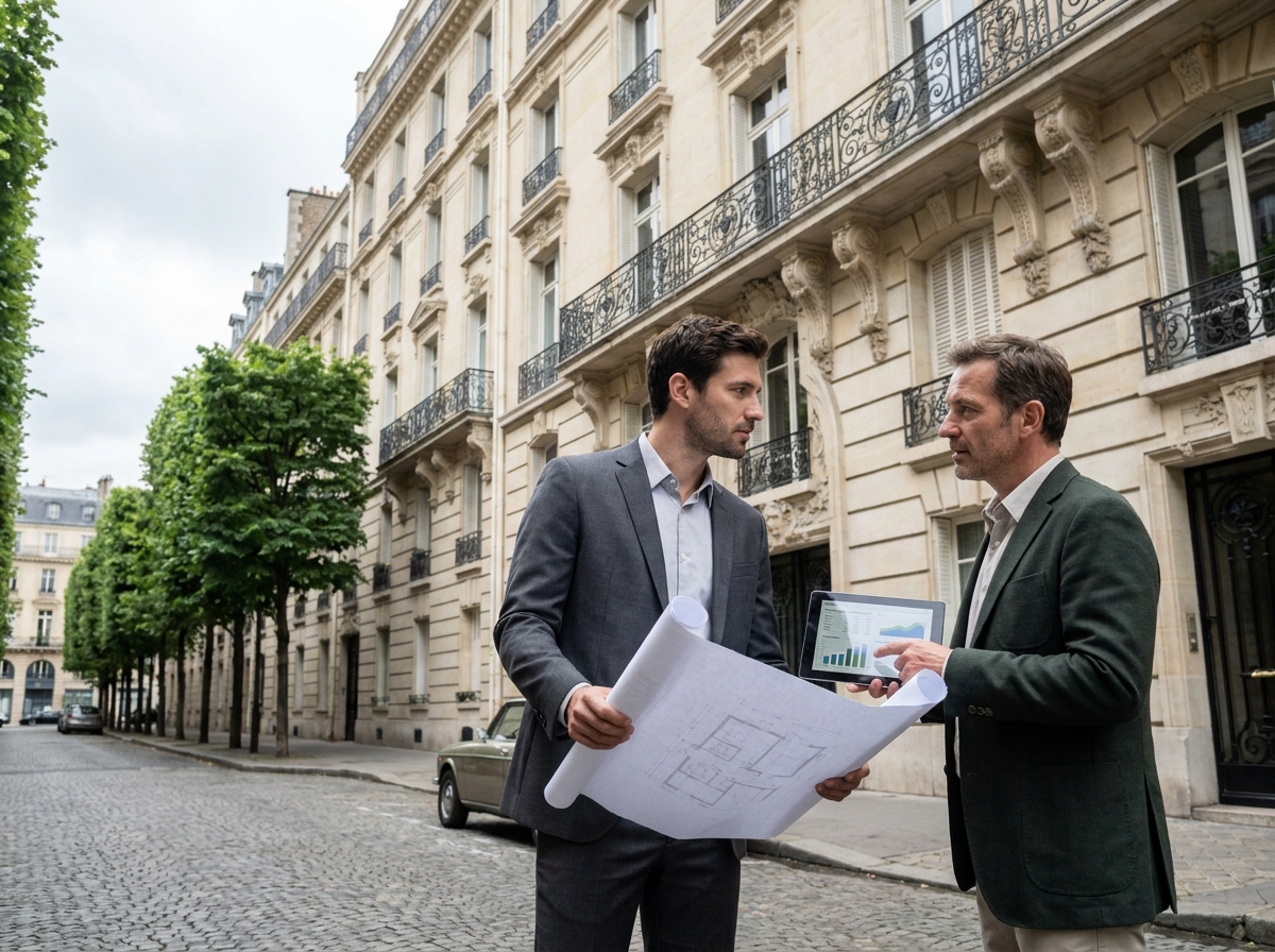 Deux professionnels de l'immobilier consultant des plans devant un immeuble haussmannien à Paris dans le cadre d'un réseau européen d'expertise