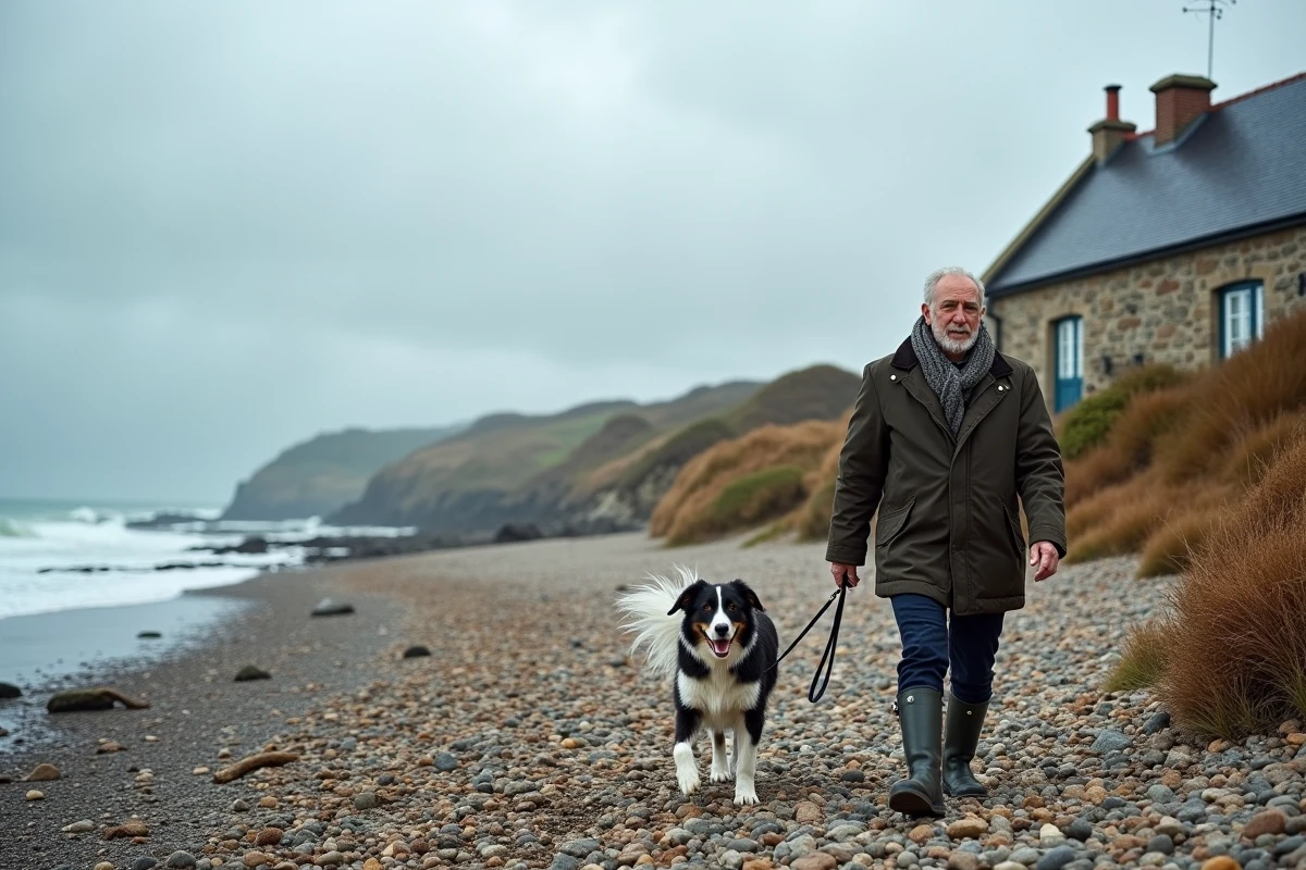 Homme se promenant avec son chien sur la plage de galets en automne devant sa maison normande habitée à l'année
