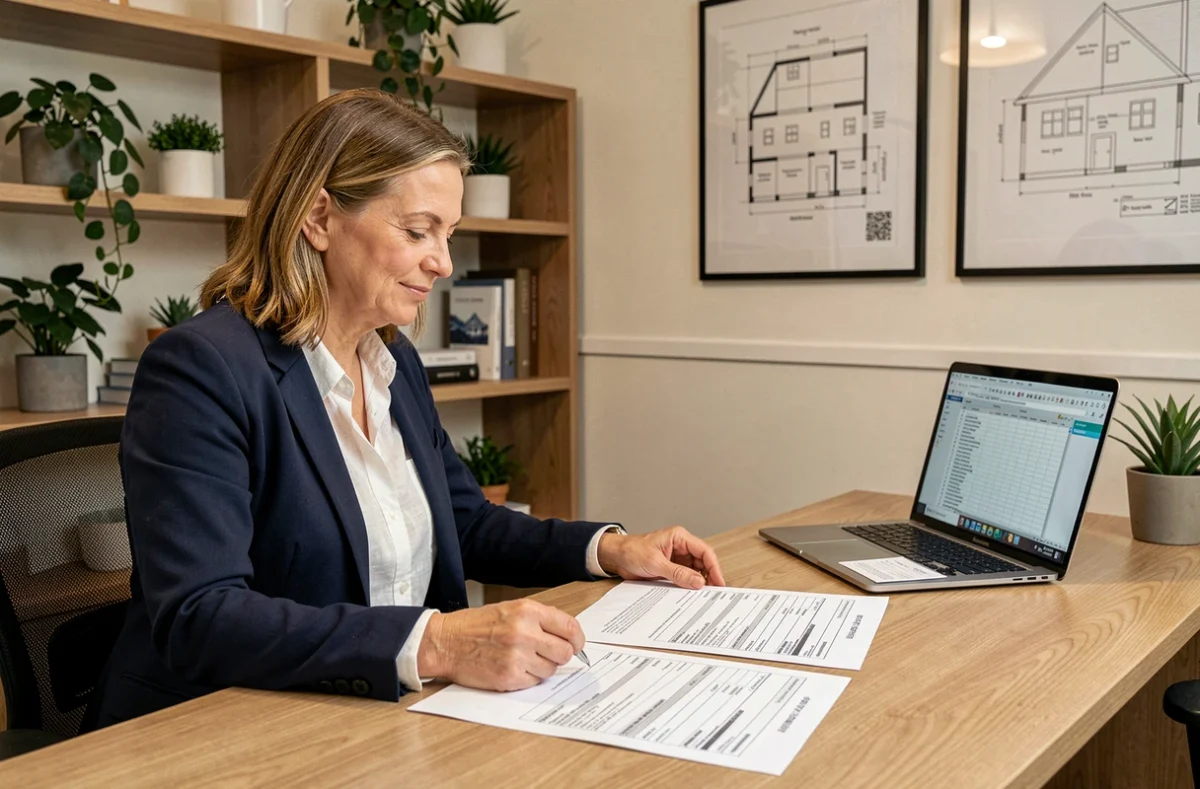 Propriétaire immobilière comparant des factures de travaux d'amélioration pour optimiser la déduction fiscale lors d'une vente immobilière