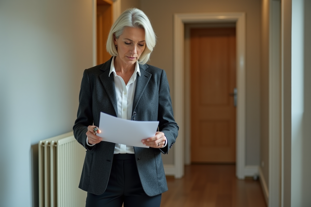 Femme proprietaire examine rapport de maintenance dans le couloir
