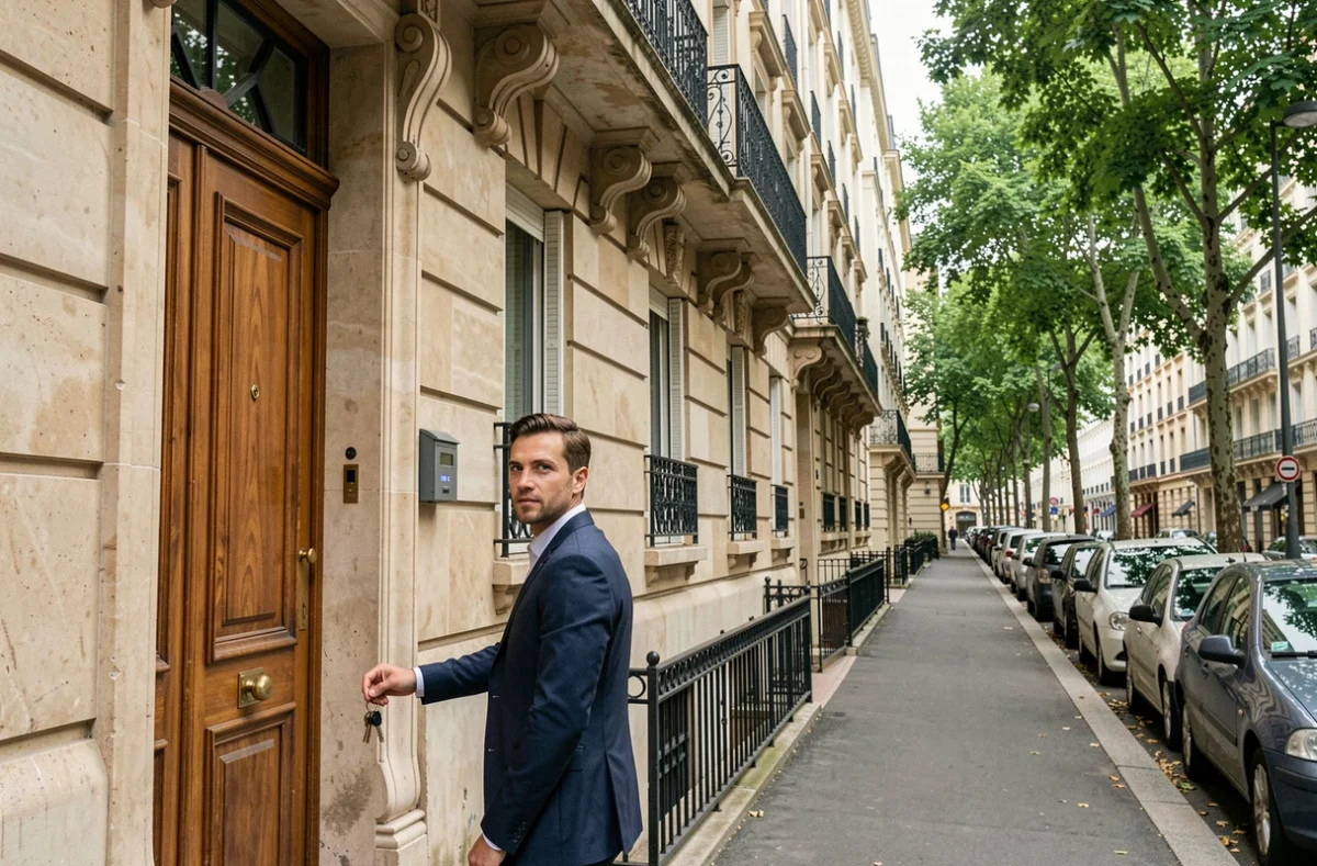 Propriétaire devant son immeuble résidentiel parisien avec ses clés d'appartement