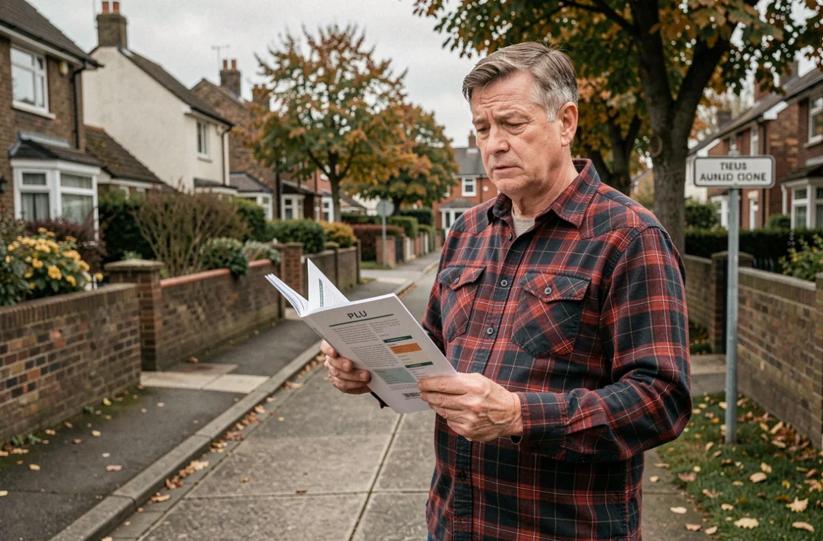 Propriétaire consultant un document PLU dans une rue pavillonnaire pour comprendre le zonage de sa parcelle