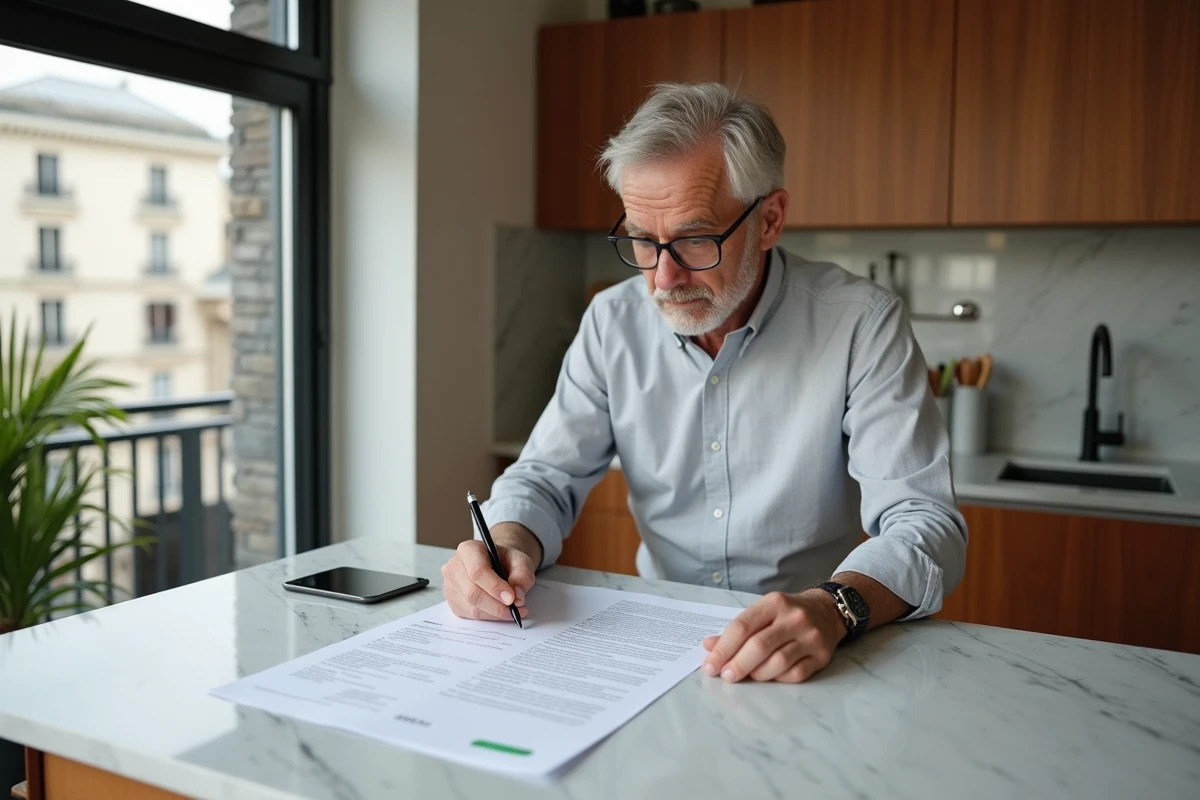 Propriétaire remplissant un modèle de pré état daté vierge sur un plan de travail en marbre