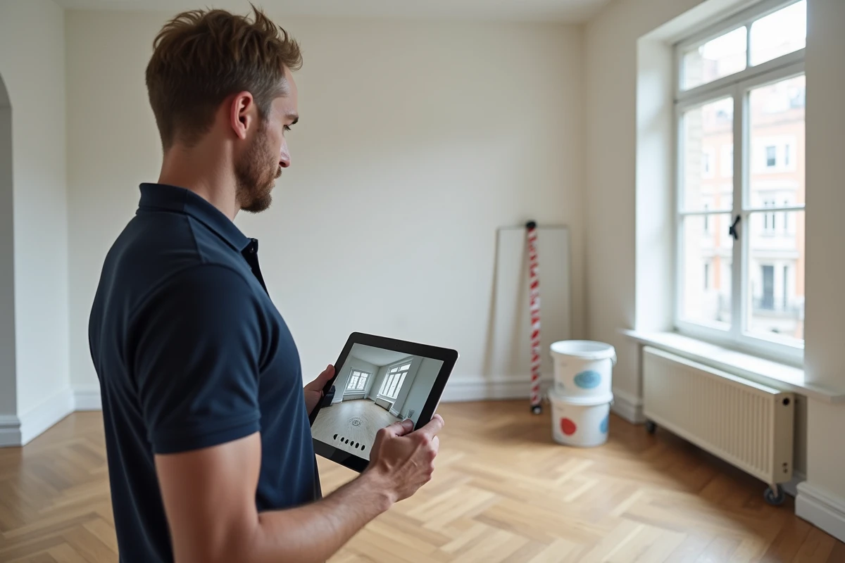 Propriétaire tenant une tablette avec visite virtuelle 360 dans un appartement rénové vide