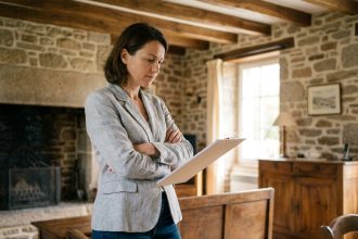 Propriétaire féminine réfléchissant à la vente de sa maison brestoise en consultant des documents dans un intérieur en pierre bretonne