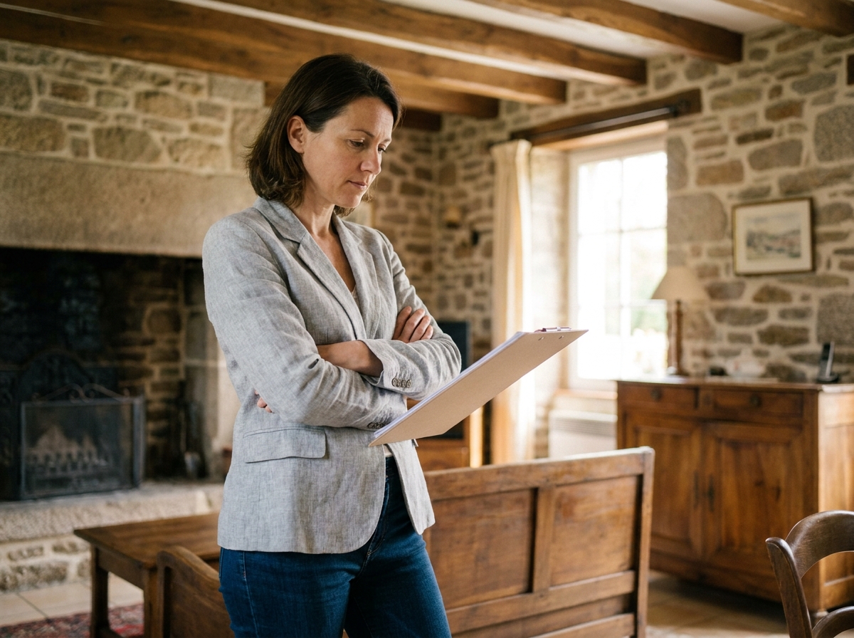 Propriétaire féminine réfléchissant à la vente de sa maison brestoise en consultant des documents dans un intérieur en pierre bretonne