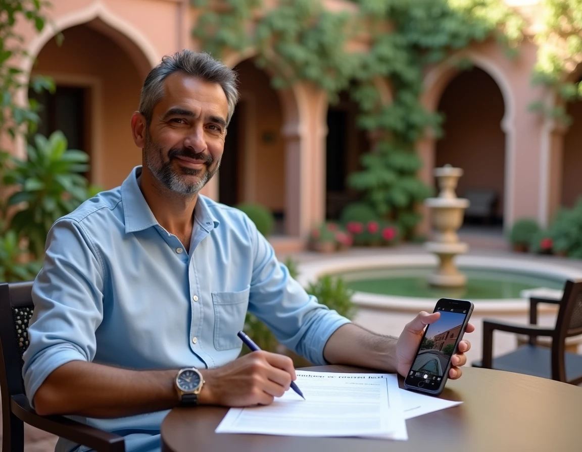 Propriétaire consultant des documents immobiliers dans un patio de riad à Marrakech pour vendre son appartement rapidement