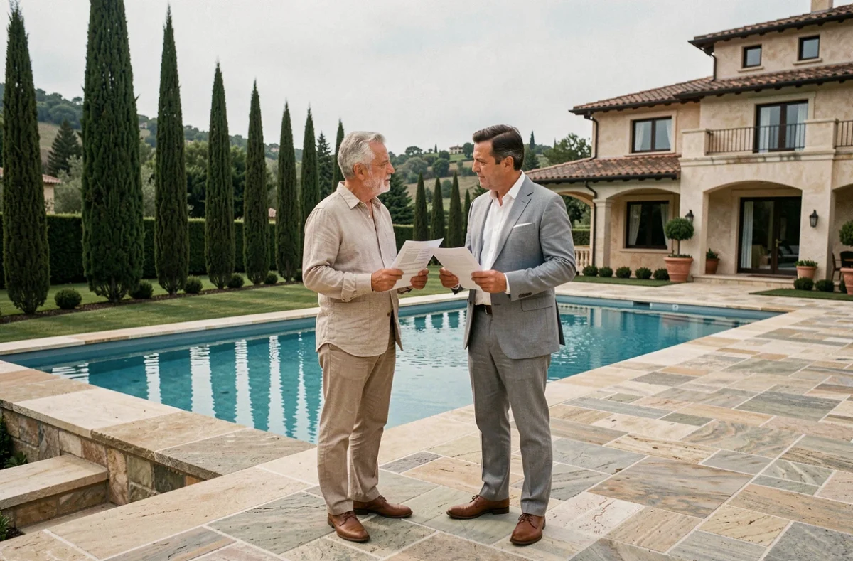 Couple propriétaire comparant des rapports d'estimation immobilière sur la terrasse de leur villa de luxe avec piscine et jardin paysager