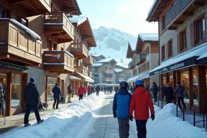 Couple se promenant dans le quartier central de la Croisette aux Menuires en hiver, entouré de chalets enneigés et de boutiques de ski