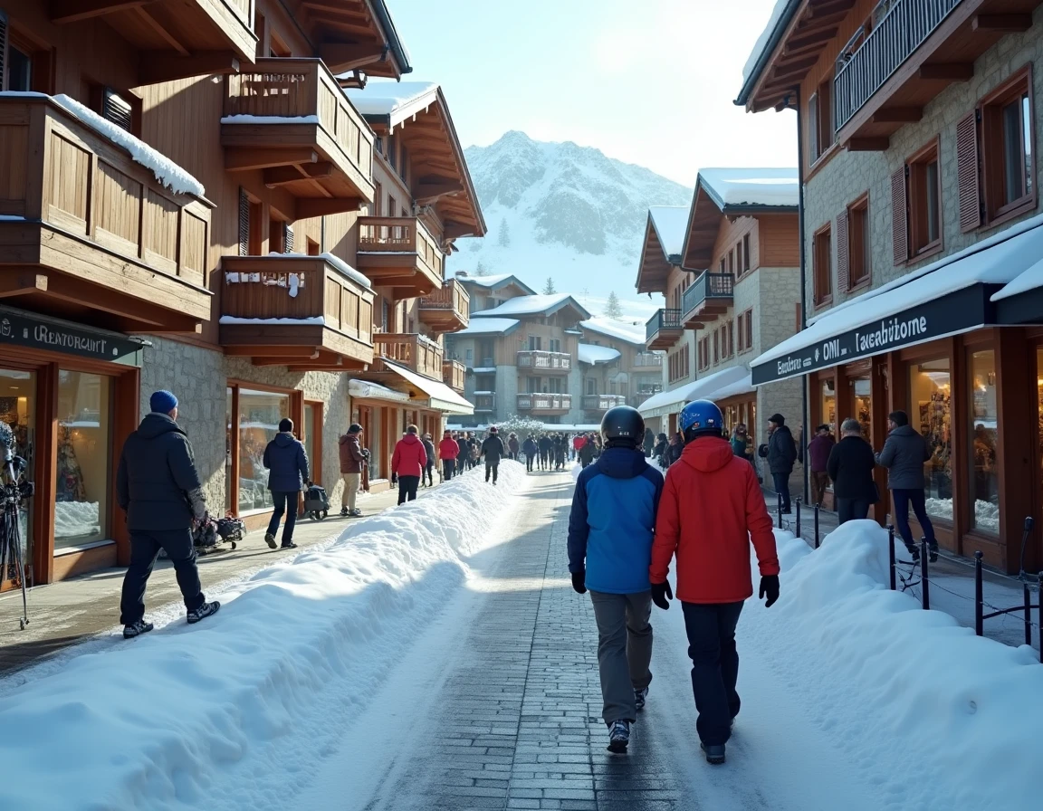 Couple se promenant dans le quartier central de la Croisette aux Menuires en hiver, entouré de chalets enneigés et de boutiques de ski