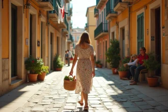 Femme dans une rue animée d'un quartier populaire de Marseille avec façades colorées et commerces locaux