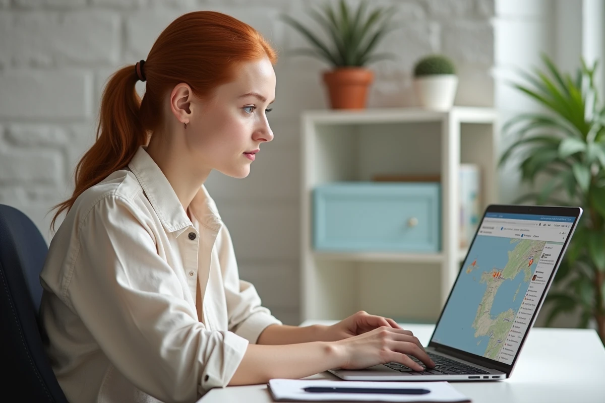 Jeune femme recherchant la nouvelle adresse d'un restaurant sur un ordinateur portable depuis son domicile