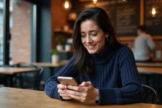 Femme cherchant une nouvelle adresse de restaurant sur son smartphone dans un café urbain