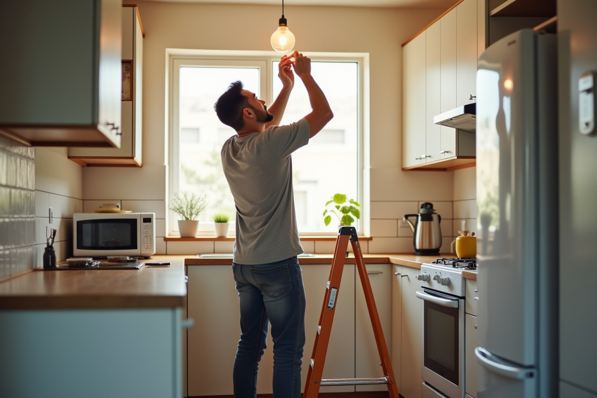 Personne réparant une lampe dans une cuisine propre et lumineuse