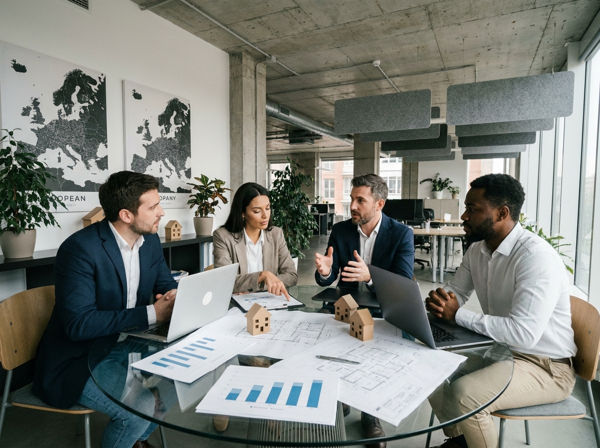 Groupe de spécialistes immobiliers réunis autour d'une table pour une réunion d'évaluation de biens dans le cadre d'un réseau européen d'expertise