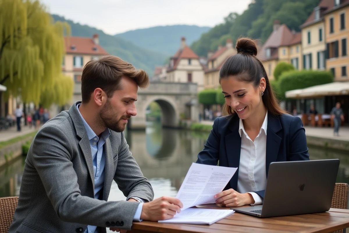 Deux professionnels de l'immobilier discutant d'une stratégie d'investissement en terrasse au bord de la Dordogne à Bergerac