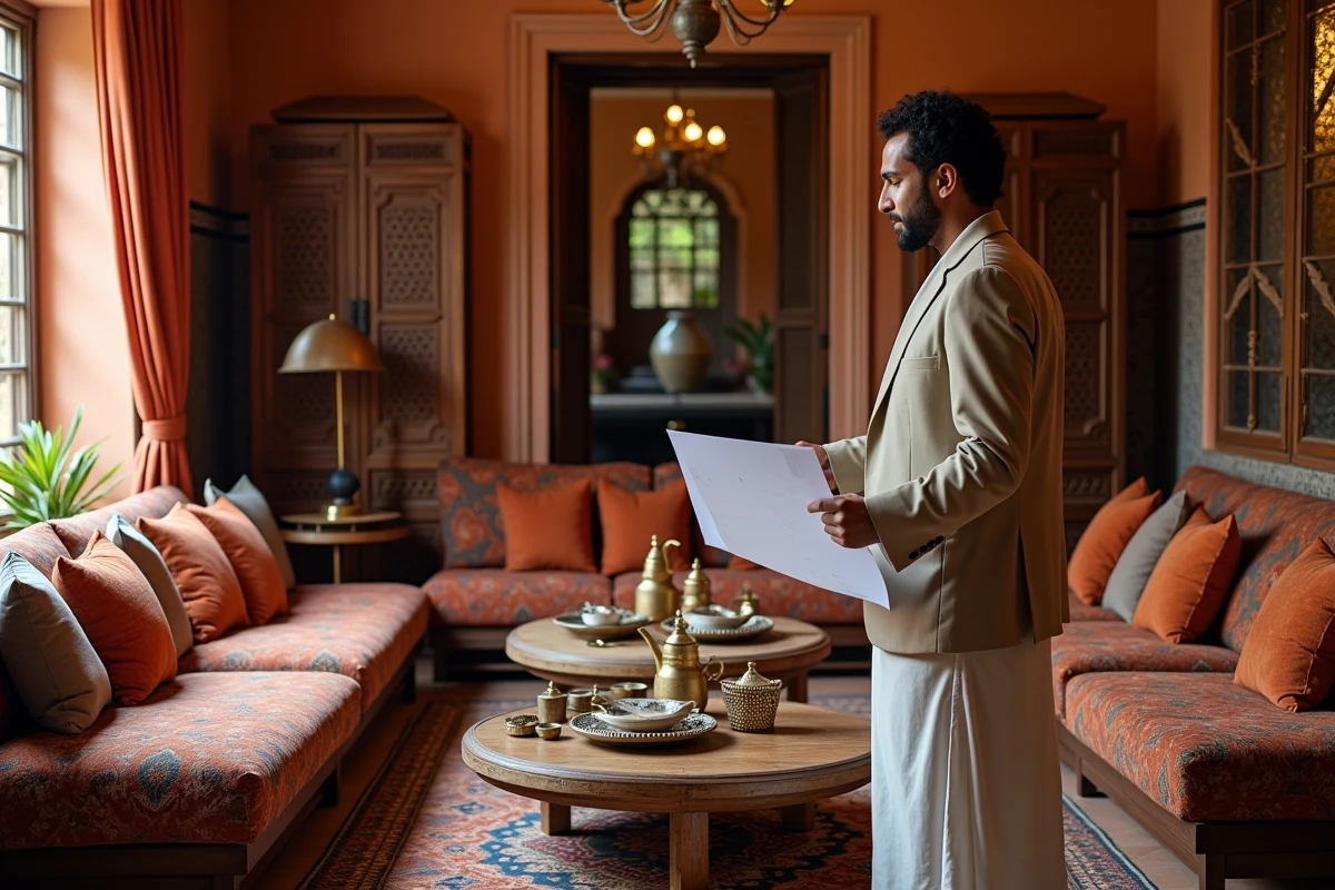 Salon d'un riad meublé à vendre à Marrakech avec décoration traditionnelle marocaine en kilim et bois de cèdre