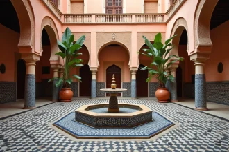 Riad à vendre à Marrakech vide avec patio central en zellige et fontaine traditionnelle en pierre